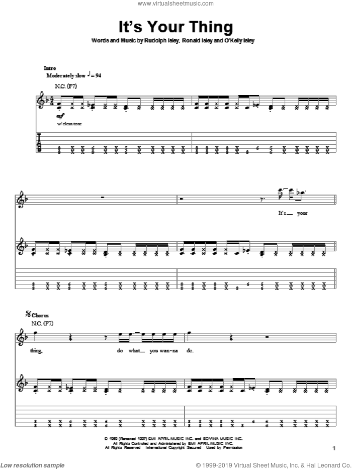 It's Your Thing sheet music for guitar (tablature, play-along) by The Isley Brothers, O Kelly Isley, Ronald Isley and Rudolph Isley, intermediate skill level