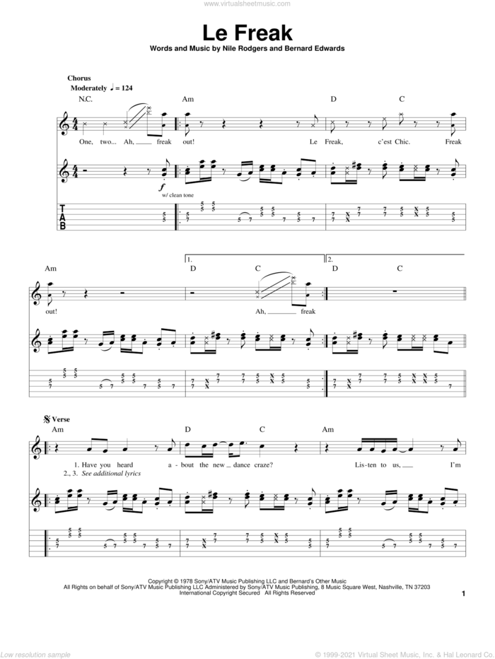 Le Freak sheet music for guitar (tablature, play-along) by Chic, Bernard Edwards and Nile Rodgers, intermediate skill level
