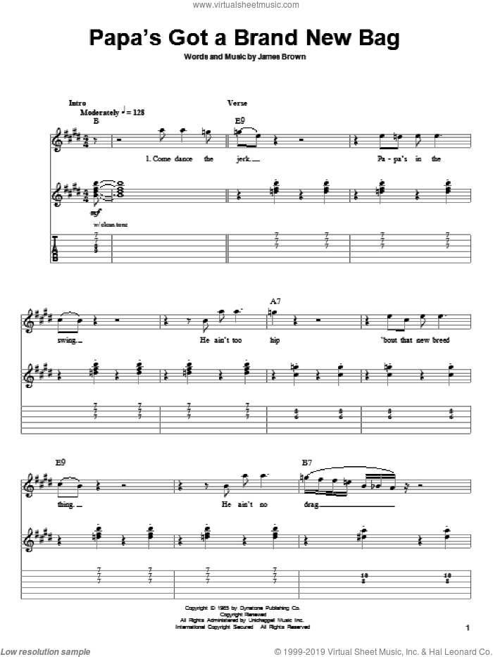 Papa's Got A Brand New Bag sheet music for guitar (tablature, play-along) by James Brown, intermediate skill level