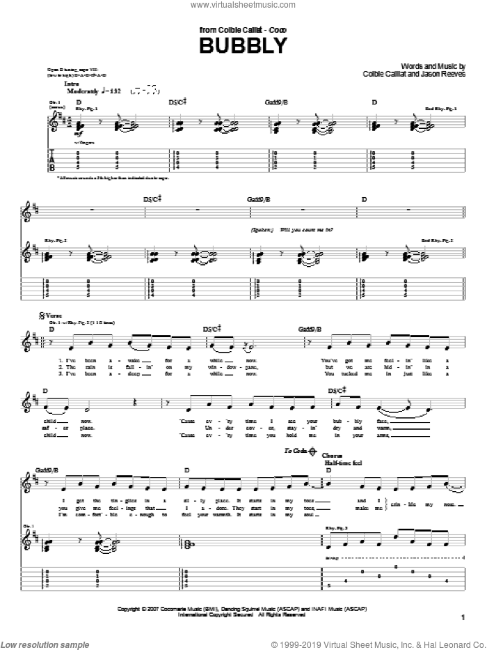 Bubbly sheet music for guitar (tablature) by Colbie Caillat and Jason Reeves, intermediate skill level