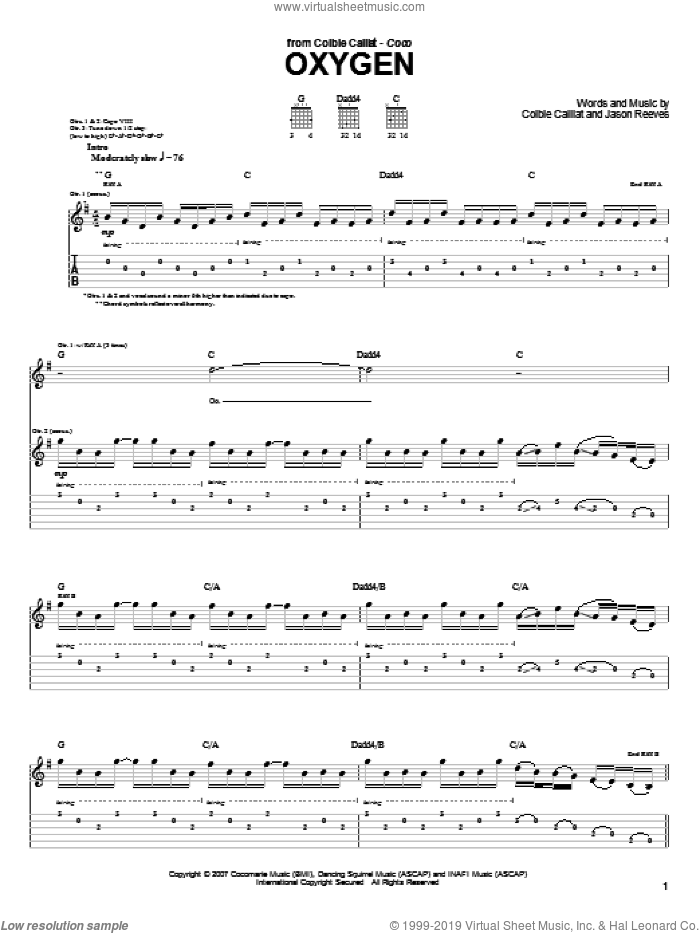 Oxygen sheet music for guitar (tablature) by Colbie Caillat and Jason Reeves, intermediate skill level