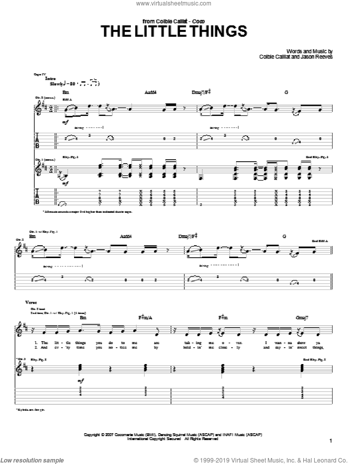 The Little Things sheet music for guitar (tablature) by Colbie Caillat and Jason Reeves, intermediate skill level