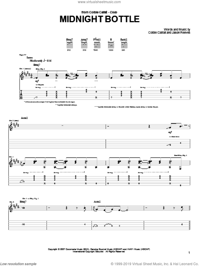 Midnight Bottle sheet music for guitar (tablature) by Colbie Caillat and Jason Reeves, intermediate skill level