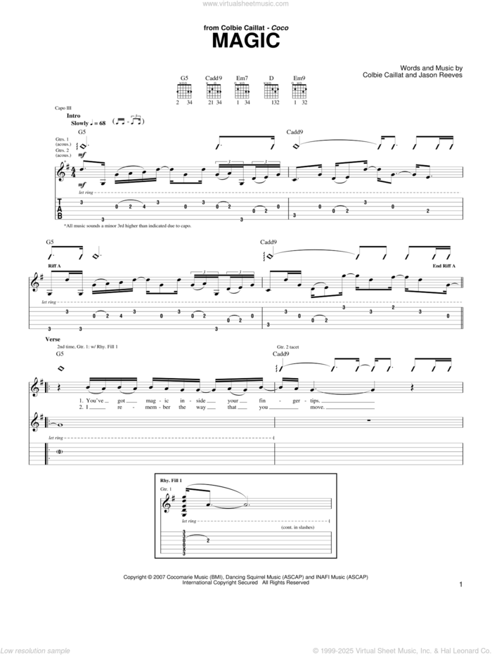 Magic sheet music for guitar (tablature) by Colbie Caillat and Jason Reeves, intermediate skill level