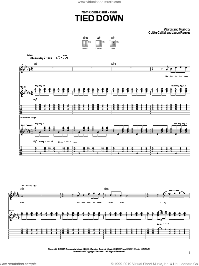 Tied Down sheet music for guitar (tablature) by Colbie Caillat and Jason Reeves, intermediate skill level