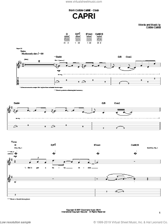 Capri sheet music for guitar (tablature) by Colbie Caillat, intermediate skill level