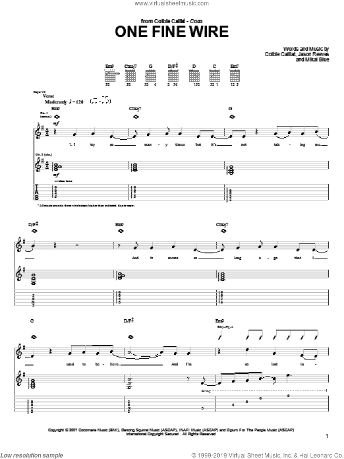 One Fine Wire sheet music for guitar (tablature) by Colbie Caillat, Jason Reeves and Mikal Blue, intermediate skill level
