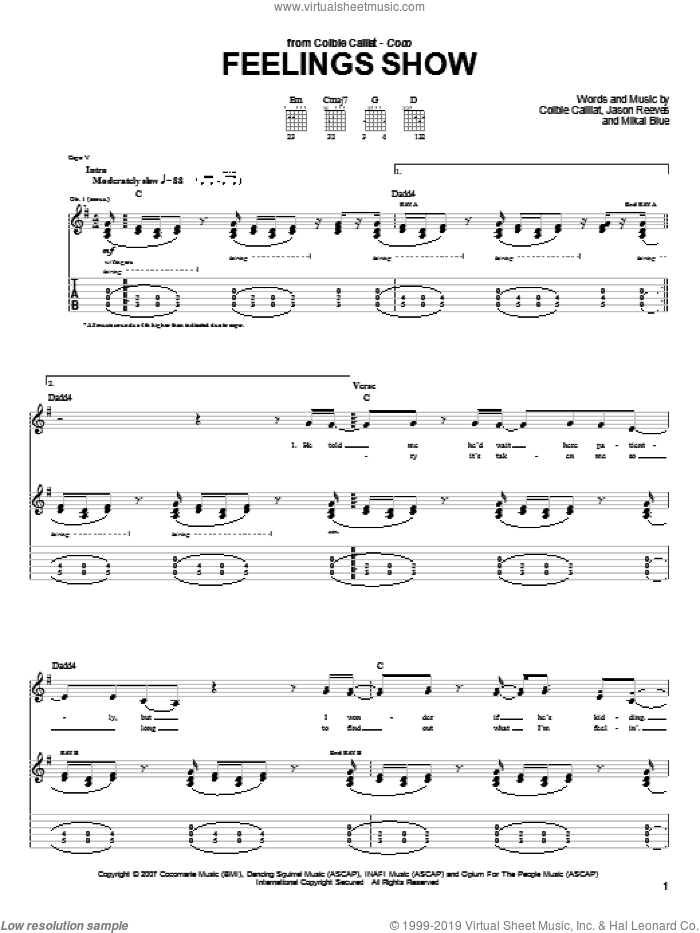 Feelings Show sheet music for guitar (tablature) by Colbie Caillat, Jason Reeves and Mikal Blue, intermediate skill level