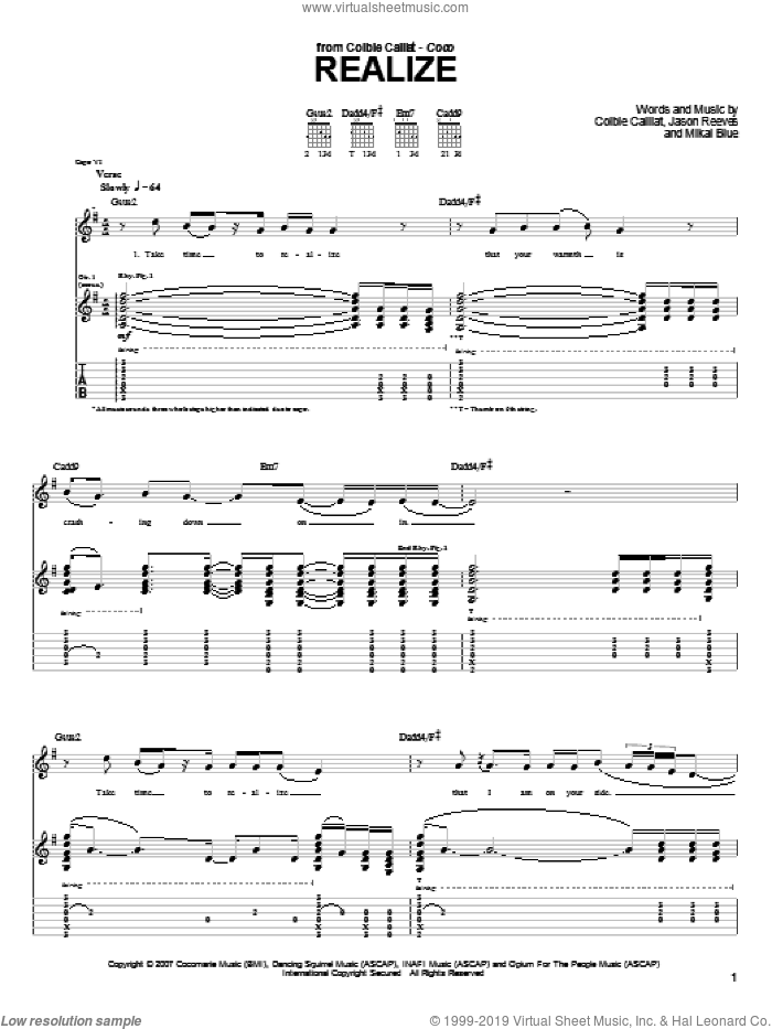 Realize sheet music for guitar (tablature) by Colbie Caillat, Jason Reeves and Mikal Blue, intermediate skill level