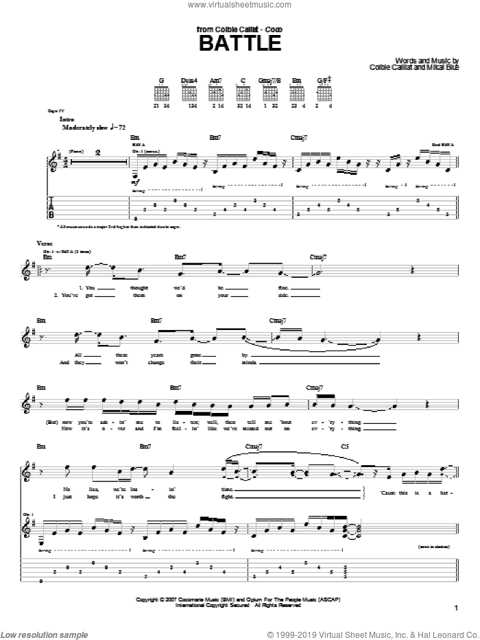 Battle sheet music for guitar (tablature) by Colbie Caillat and Mikal Blue, intermediate skill level