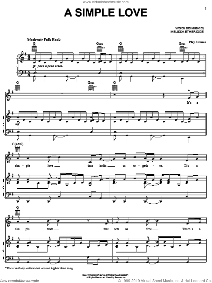 A Simple Love sheet music for voice, piano or guitar by Melissa Etheridge, intermediate skill level