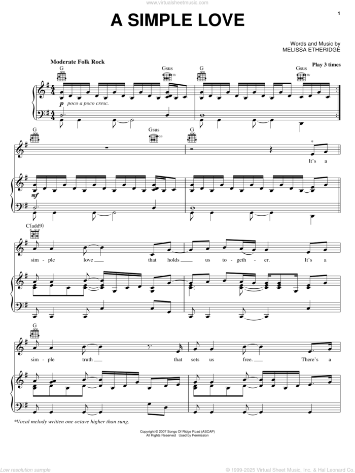 A Simple Love sheet music for voice, piano or guitar by Melissa Etheridge, intermediate skill level