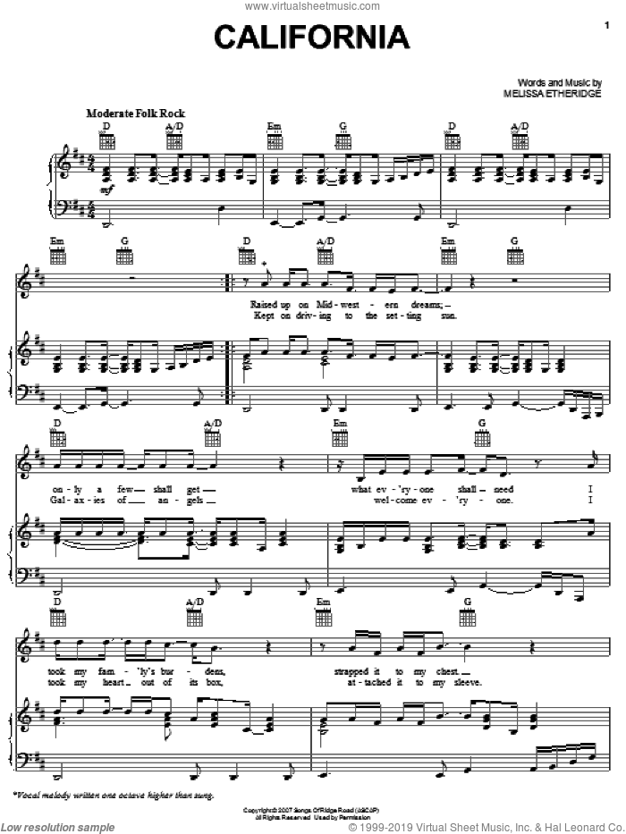 California sheet music for voice, piano or guitar by Melissa Etheridge, intermediate skill level