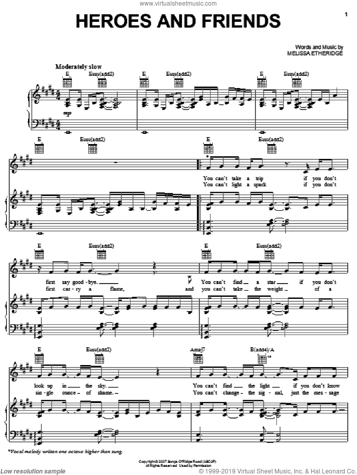 Heroes And Friends sheet music for voice, piano or guitar by Melissa Etheridge, intermediate skill level