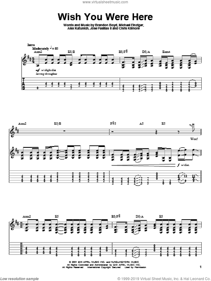 Wish You Were Here sheet music for guitar (tablature, play-along) by Incubus, Alex Katunich, Brandon Boyd and Michael Einziger, intermediate skill level