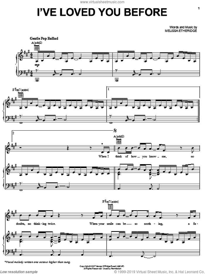 I've Loved You Before sheet music for voice, piano or guitar by Melissa Etheridge, intermediate skill level