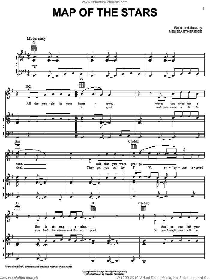 Map Of The Stars sheet music for voice, piano or guitar by Melissa Etheridge, intermediate skill level