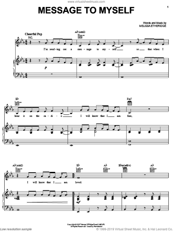 Message To Myself sheet music for voice, piano or guitar by Melissa Etheridge, intermediate skill level