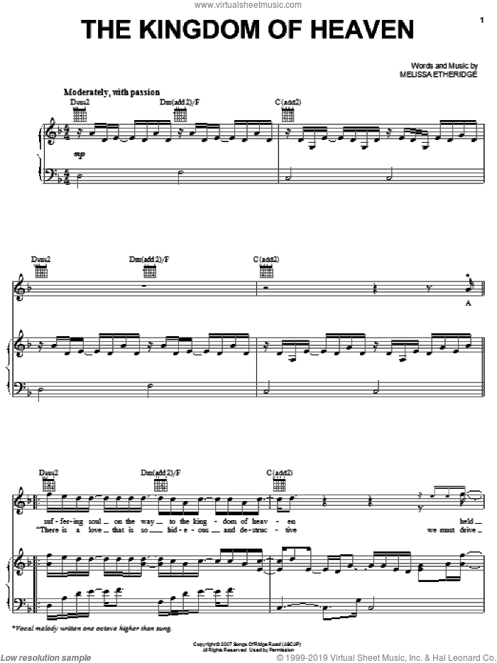The Kingdom Of Heaven sheet music for voice, piano or guitar by Melissa Etheridge, intermediate skill level
