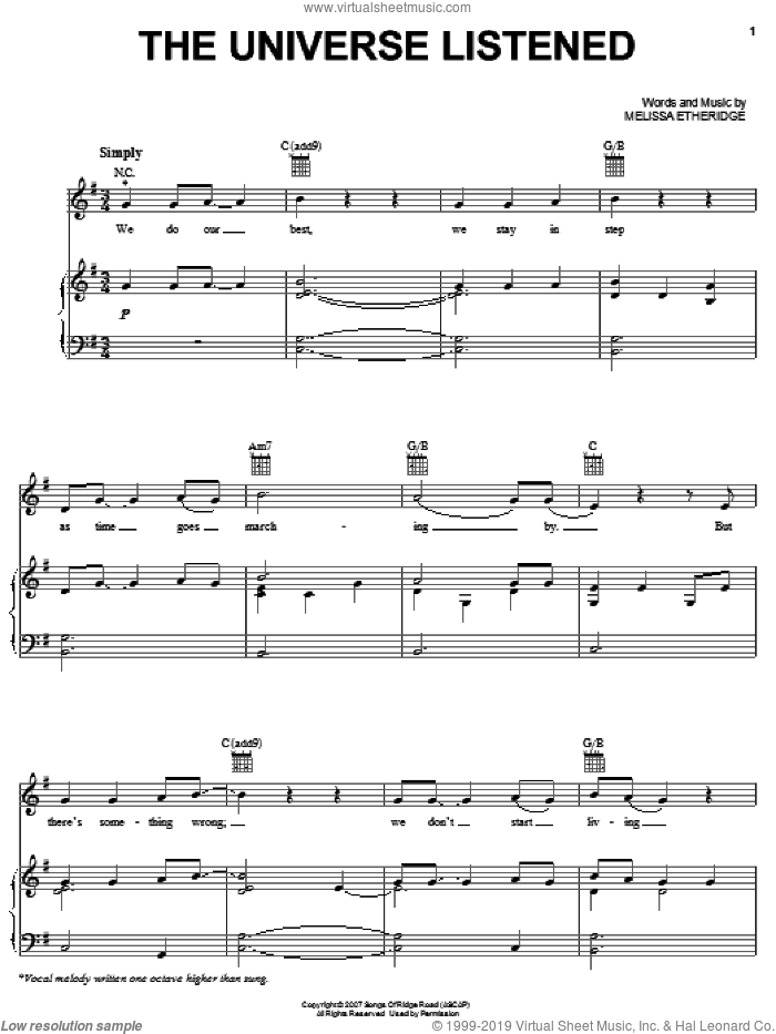 The Universe Listened sheet music for voice, piano or guitar by Melissa Etheridge, intermediate skill level