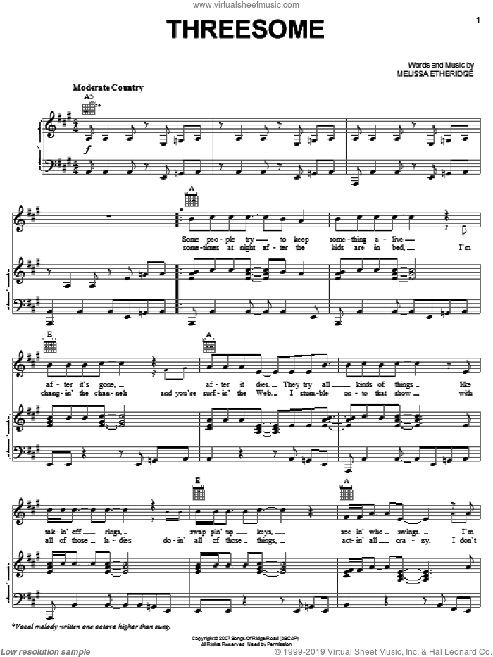 Threesome sheet music for voice, piano or guitar by Melissa Etheridge, intermediate skill level