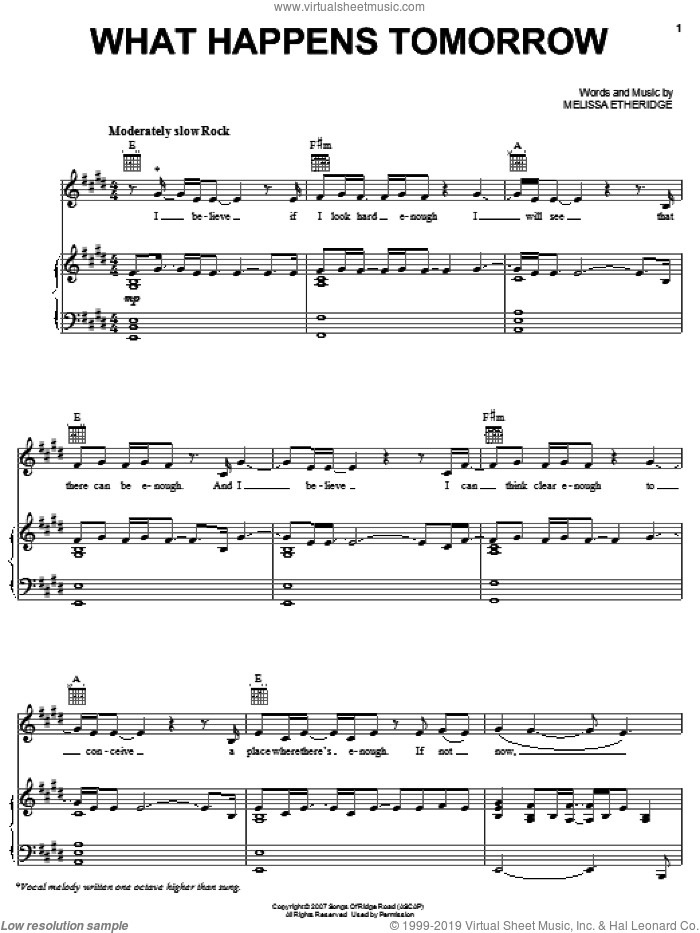 What Happens Tomorrow sheet music for voice, piano or guitar by Melissa Etheridge, intermediate skill level
