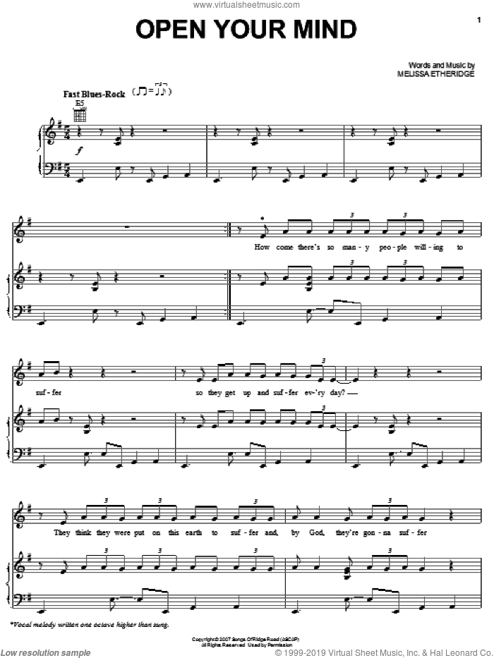 Open Your Mind sheet music for voice, piano or guitar by Melissa Etheridge, intermediate skill level