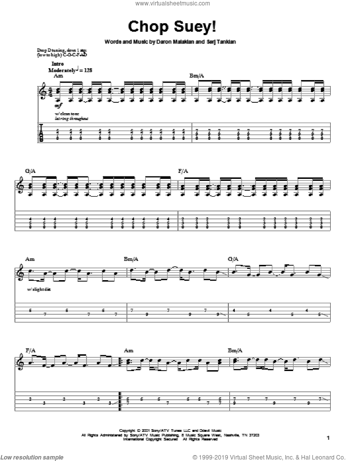 Chop Suey! sheet music for guitar (tablature, play-along) by System Of A Down, Daron Malakian and Serj Tankian, intermediate skill level
