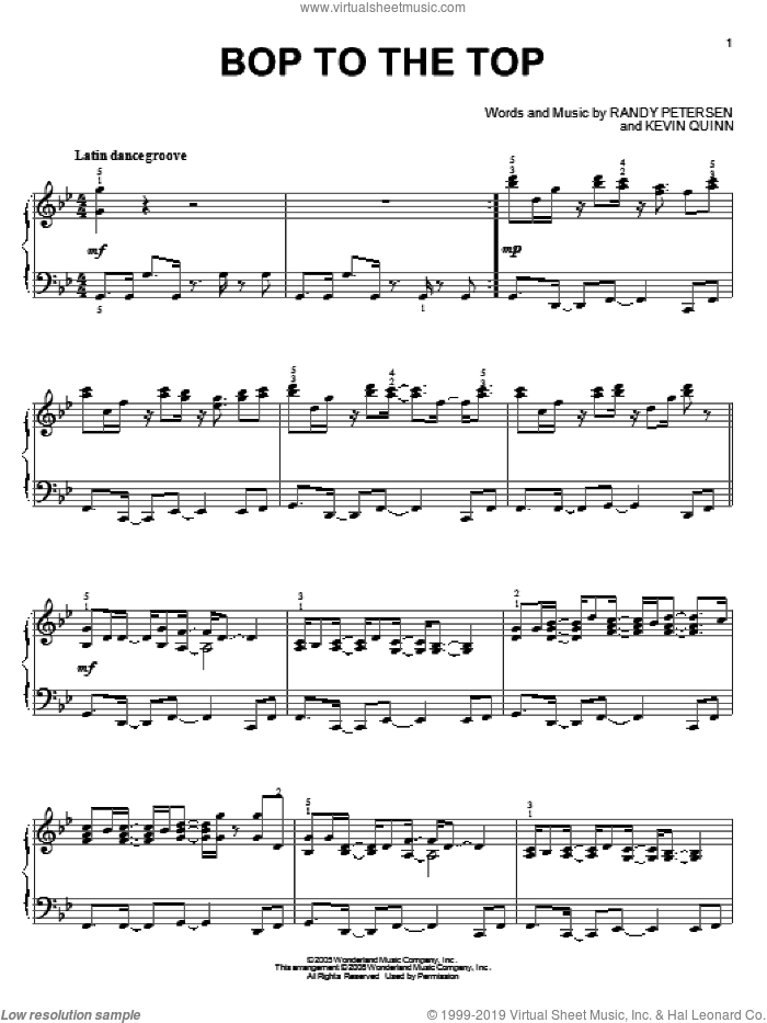 Bop To The Top (from High School Musical), (intermediate) sheet music for piano solo by Randy Petersen, Ashley Tisdale and Lucas Grabeel, High School Musical and Kevin Quinn, intermediate skill level
