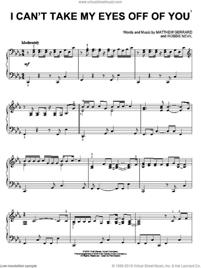 I Can't Take My Eyes Off Of You sheet music for piano solo by High School Musical, Matthew Gerrard and Robbie Nevil, intermediate skill level