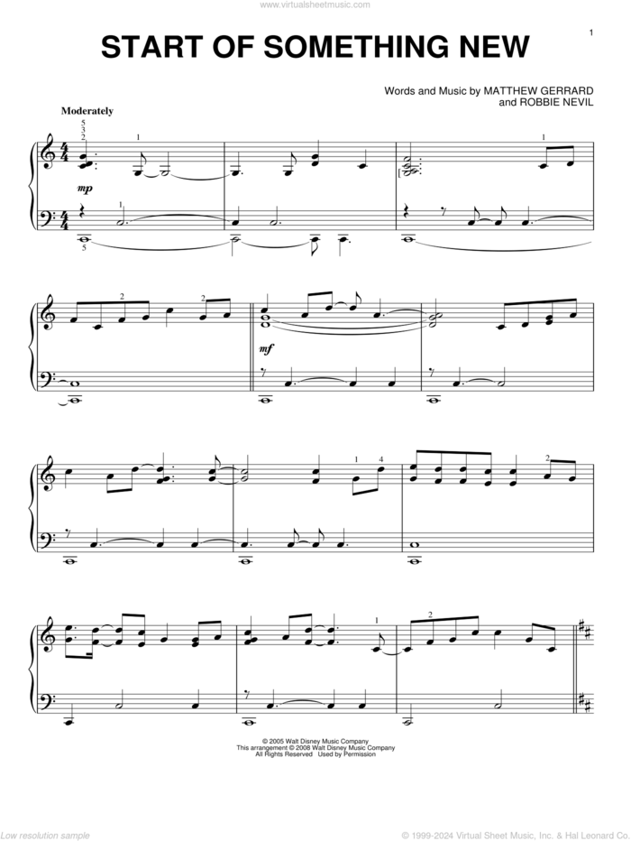 Start Of Something New (from High School Musical), (intermediate) sheet music for piano solo by Matthew Gerrard, High School Musical, Zac Efron and Vanessa Anne Hudgens and Robbie Nevil, intermediate skill level