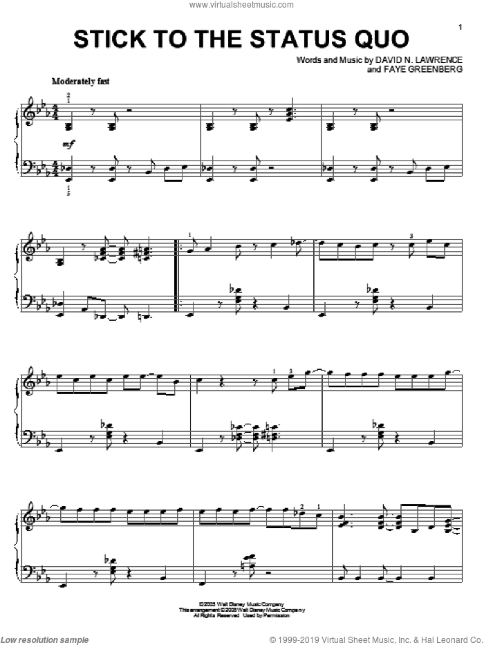 Stick To The Status Quo, (intermediate) sheet music for piano solo by High School Musical, David N. Lawrence and Faye Greenberg, intermediate skill level