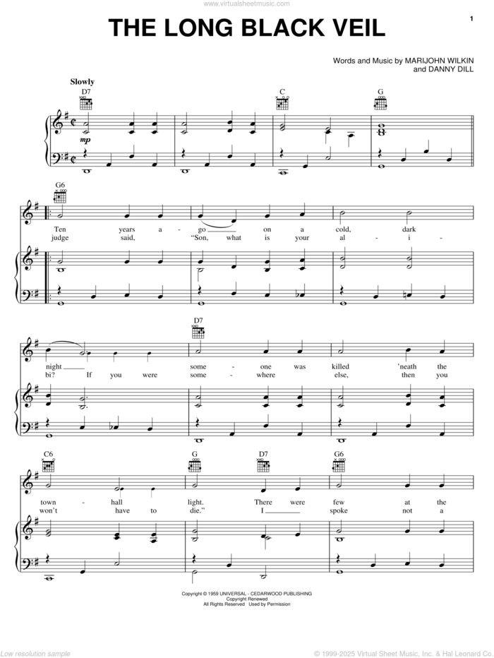 The Long Black Veil sheet music for voice, piano or guitar by Johnny Cash, Lefty Frizzell, Danny Dill and Marijohn Wilkin, intermediate skill level