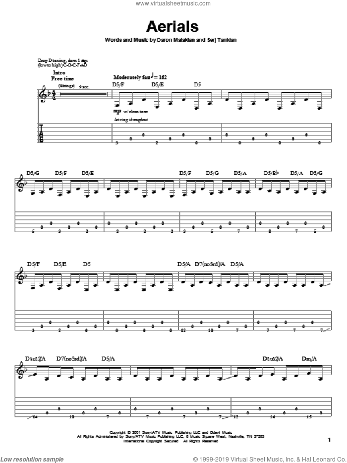 Aerials sheet music for guitar (tablature, play-along) by System Of A Down, Daron Malakian and Serj Tankian, intermediate skill level