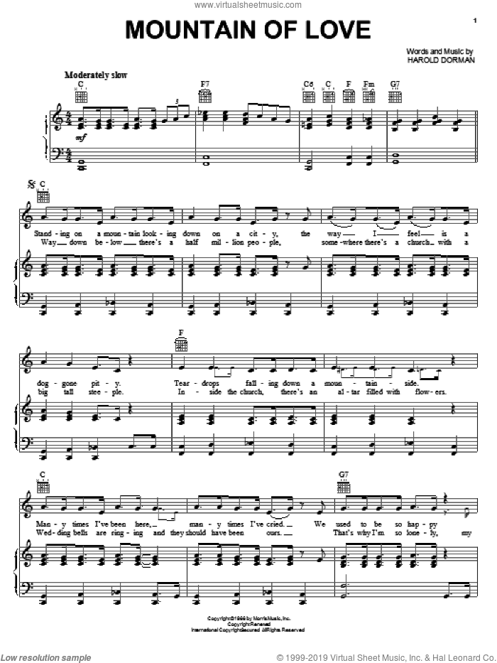 Mountain Of Love sheet music for voice, piano or guitar by Charley Pride, David Houston, Johnny Rivers and Harold Dorman, intermediate skill level