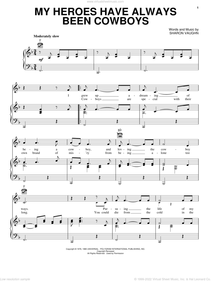 My Heroes Have Always Been Cowboys sheet music for voice, piano or guitar by Willie Nelson and Sharon Vaughn, intermediate skill level