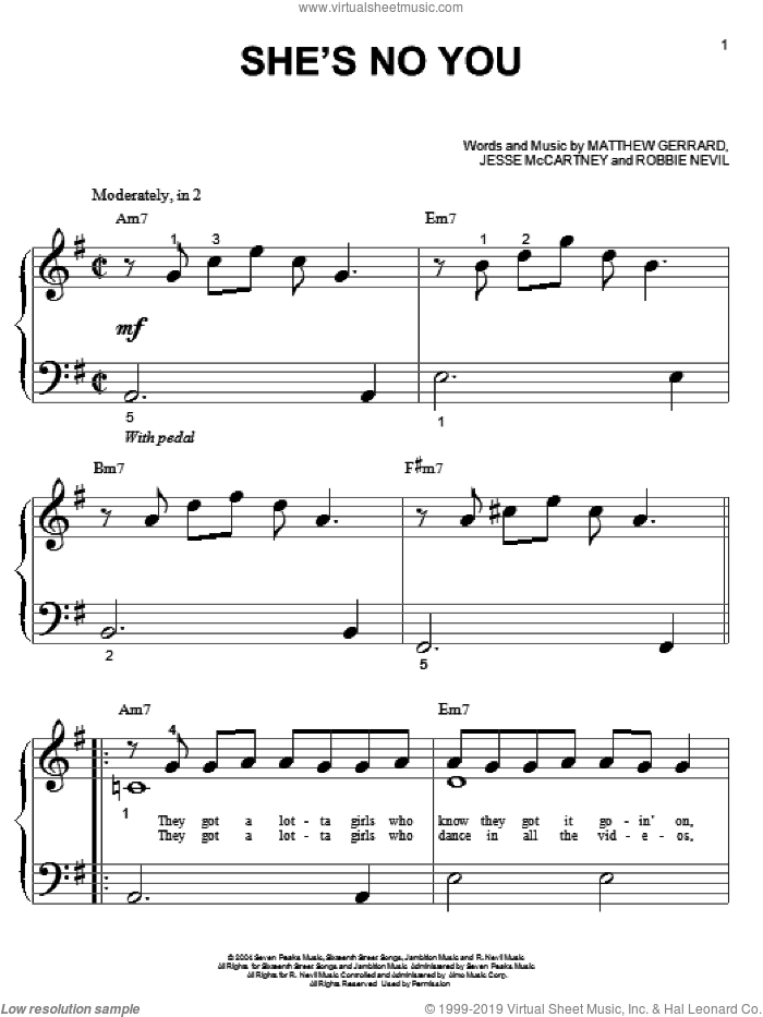 She's No You sheet music for piano solo (big note book) by Jesse McCartney, Hannah Montana, Matthew Gerrard and Robbie Nevil, easy piano (big note book)
