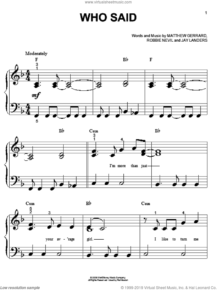 Who Said sheet music for piano solo (big note book) by Hannah Montana, Miley Cyrus, Jay Landers, Matthew Gerrard and Robbie Nevil, easy piano (big note book)