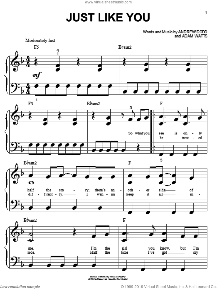 Just Like You sheet music for piano solo (big note book) by Hannah Montana, Miley Cyrus, Adam Watts and Andrew Dodd, easy piano (big note book)