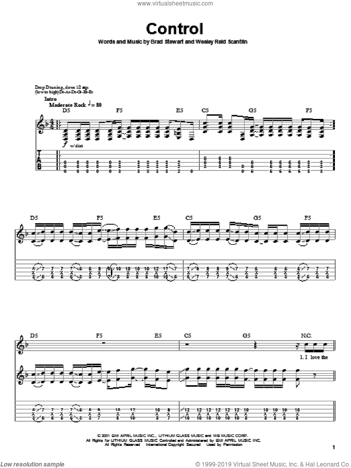 Control sheet music for guitar (tablature, play-along) by Puddle Of Mudd, Brad Stewart and Wes Scantlin, intermediate skill level