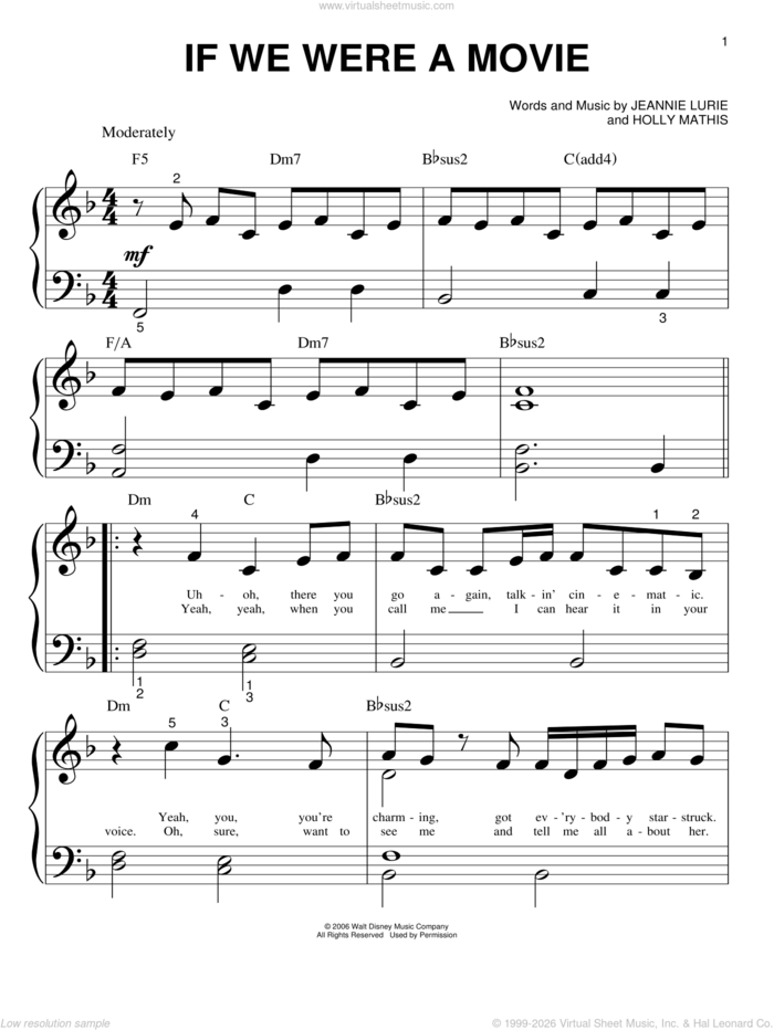 If We Were A Movie sheet music for piano solo (big note book) by Hannah Montana, Miley Cyrus, Holly Mathis and Jeannie Lurie, easy piano (big note book)