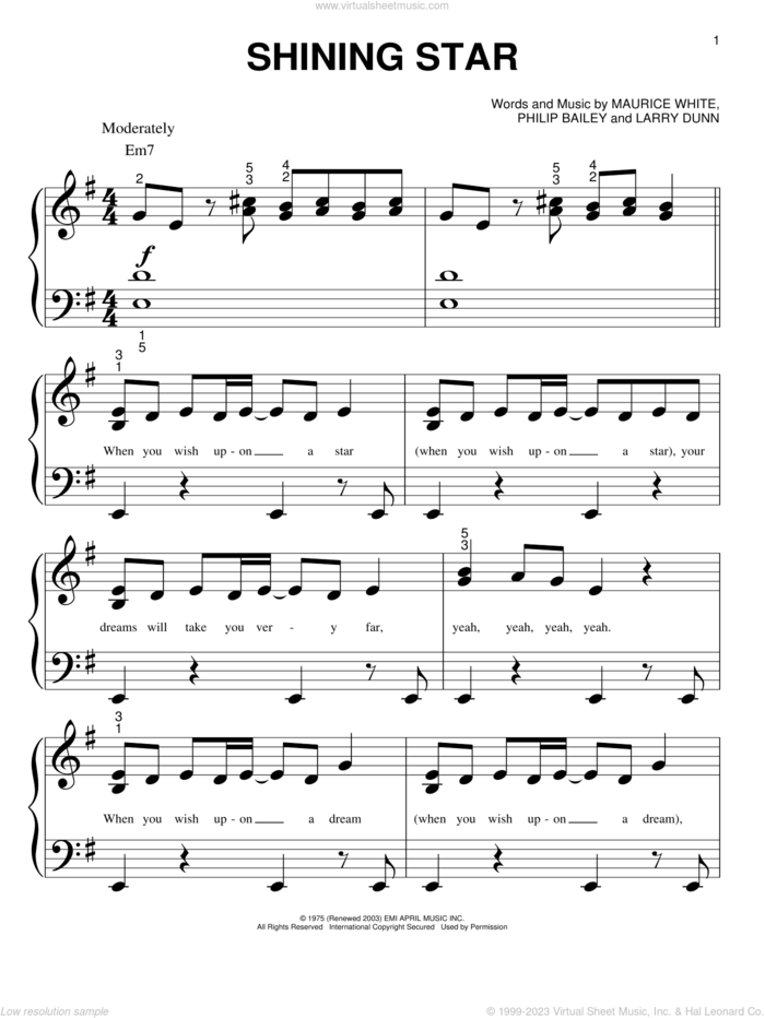 Shining Star sheet music for piano solo (big note book) by B Five, Earth, Wind & Fire, Hannah Montana, Yolanda Adams, Larry Dunn, Maurice White and Philip Bailey, easy piano (big note book)