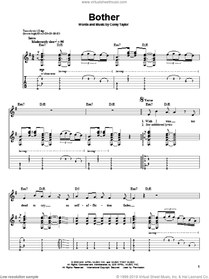 Bother sheet music for guitar (tablature, play-along) by Stone Sour and Corey Taylor, intermediate skill level