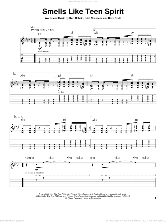 Smells Like Teen Spirit sheet music for guitar (tablature, play-along) by Nirvana, Dave Grohl, Krist Novoselic and Kurt Cobain, intermediate skill level