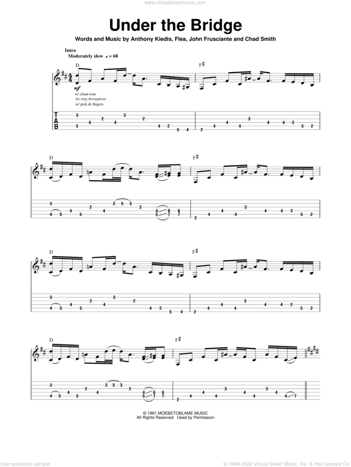 Under The Bridge sheet music for guitar (tablature, play-along) by Red Hot Chili Peppers, Anthony Kiedis, Chad Smith, Flea and John Frusciante, intermediate skill level