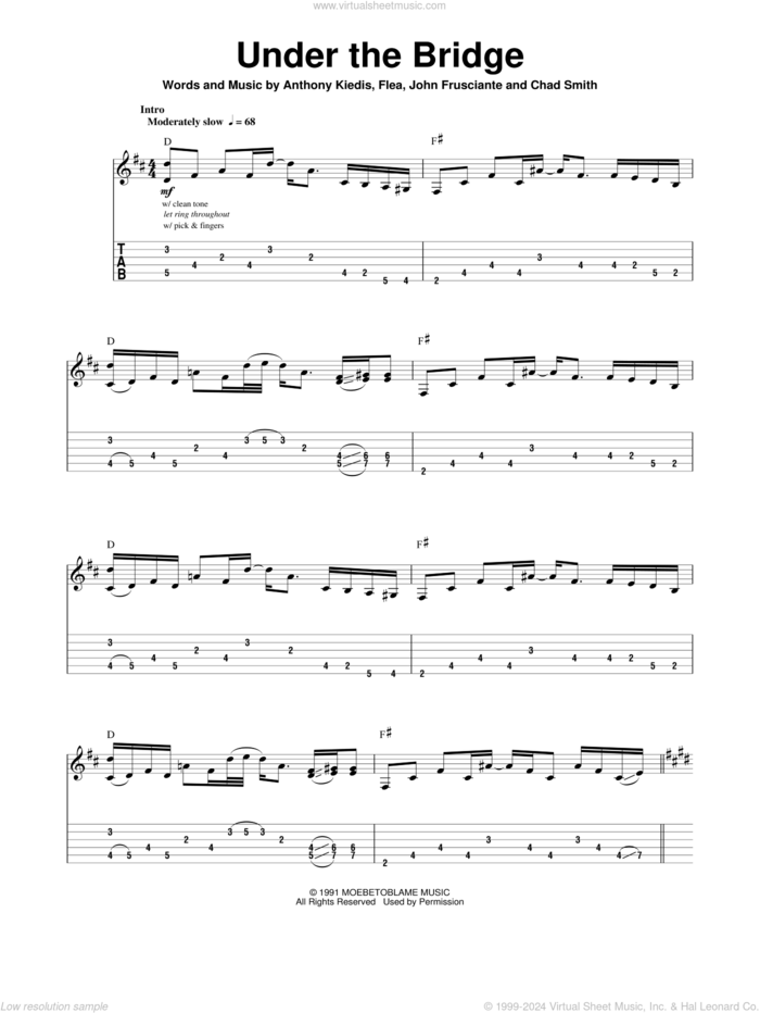 Under The Bridge sheet music for guitar (tablature, play-along) by Red Hot Chili Peppers, Anthony Kiedis, Chad Smith, Flea and John Frusciante, intermediate skill level