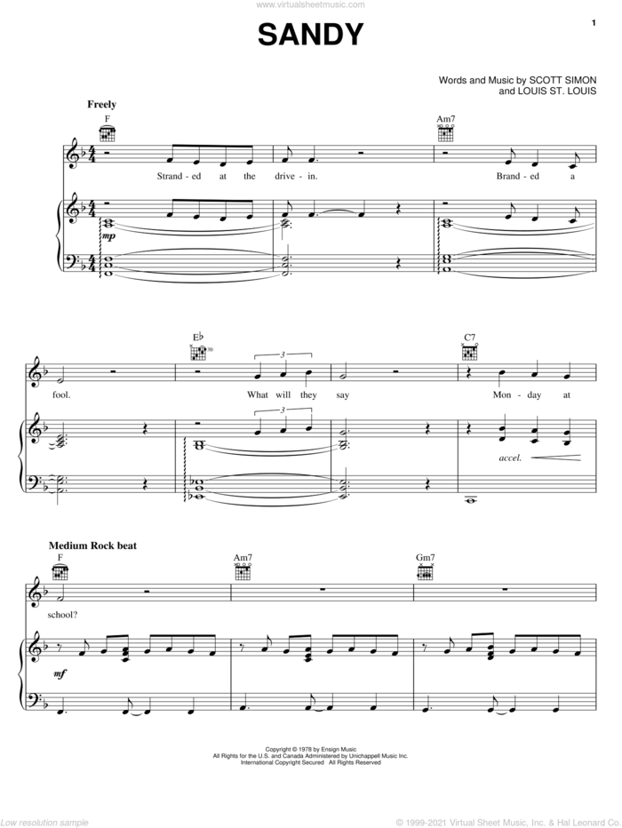 Sandy (from Grease) sheet music for voice, piano or guitar by John Travolta, Grease (Musical), Louis St. Louis and Scott Simon, intermediate skill level