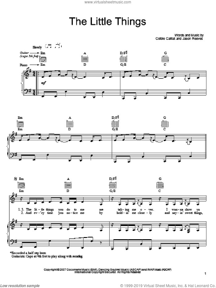 The Little Things sheet music for voice, piano or guitar by Colbie Caillat and Jason Reeves, intermediate skill level