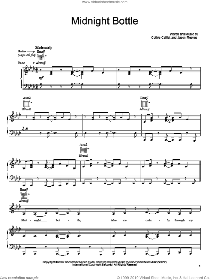 Midnight Bottle sheet music for voice, piano or guitar by Colbie Caillat and Jason Reeves, intermediate skill level