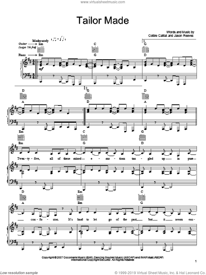 Tailor Made sheet music for voice, piano or guitar by Colbie Caillat and Jason Reeves, intermediate skill level